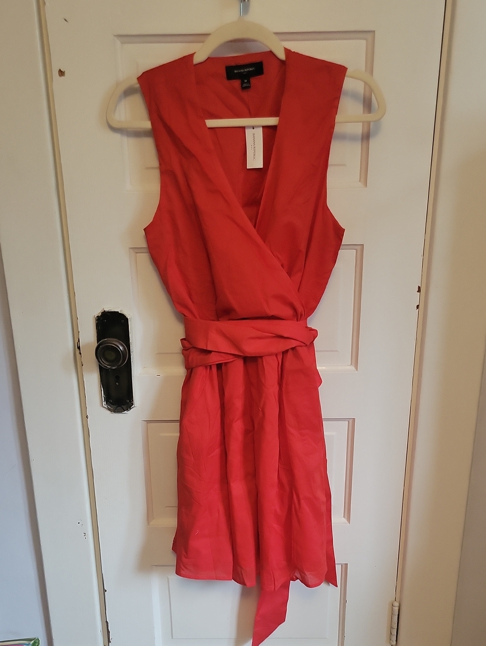 Banana Republic Coral-Red Sleeveless Wrap Dress with Tie Waist